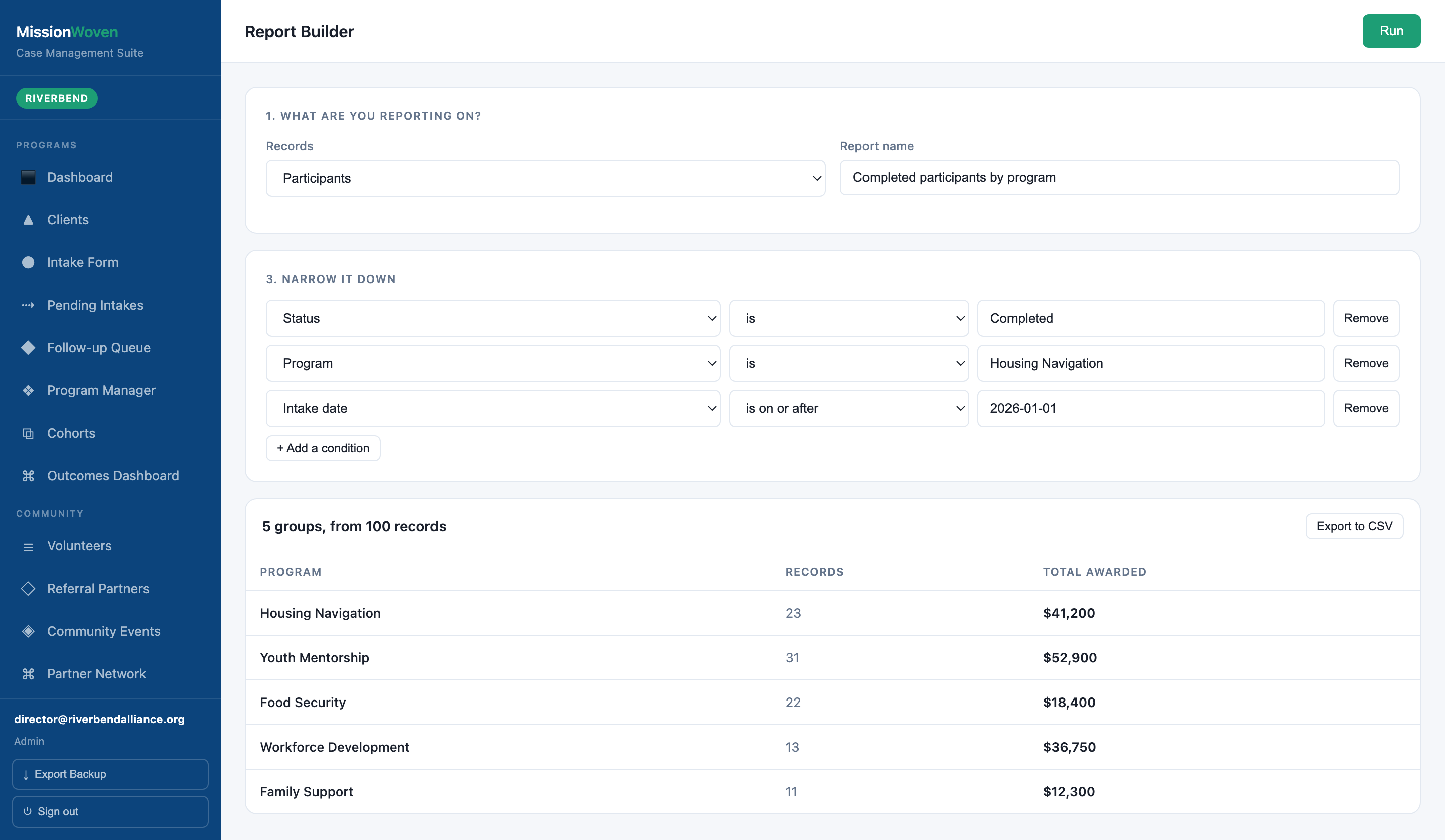 Report Builder screen in MissionWoven